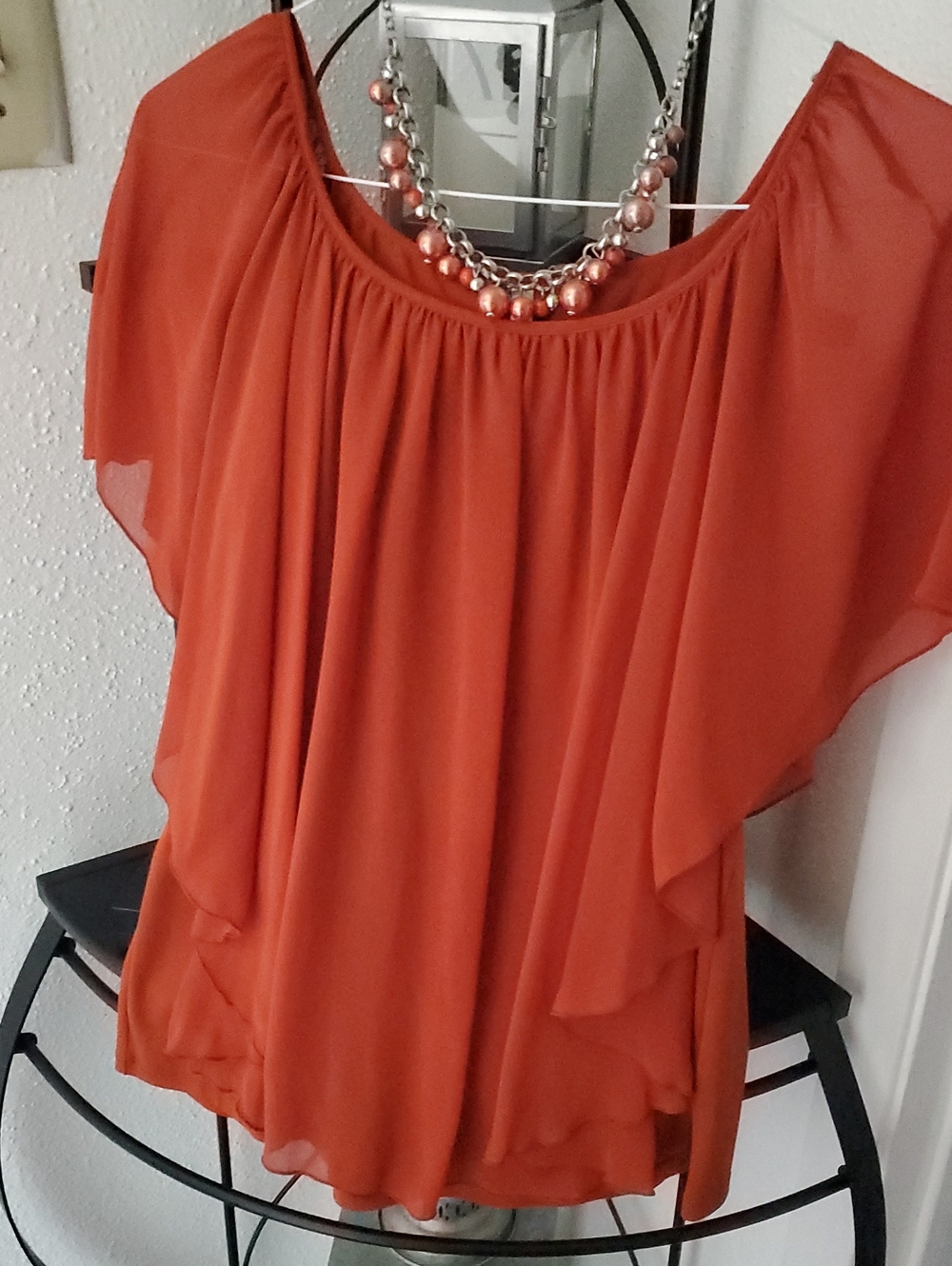 Womens Chic Orange Ruffle Off Shoulder Sleeve Blouse With Necklace